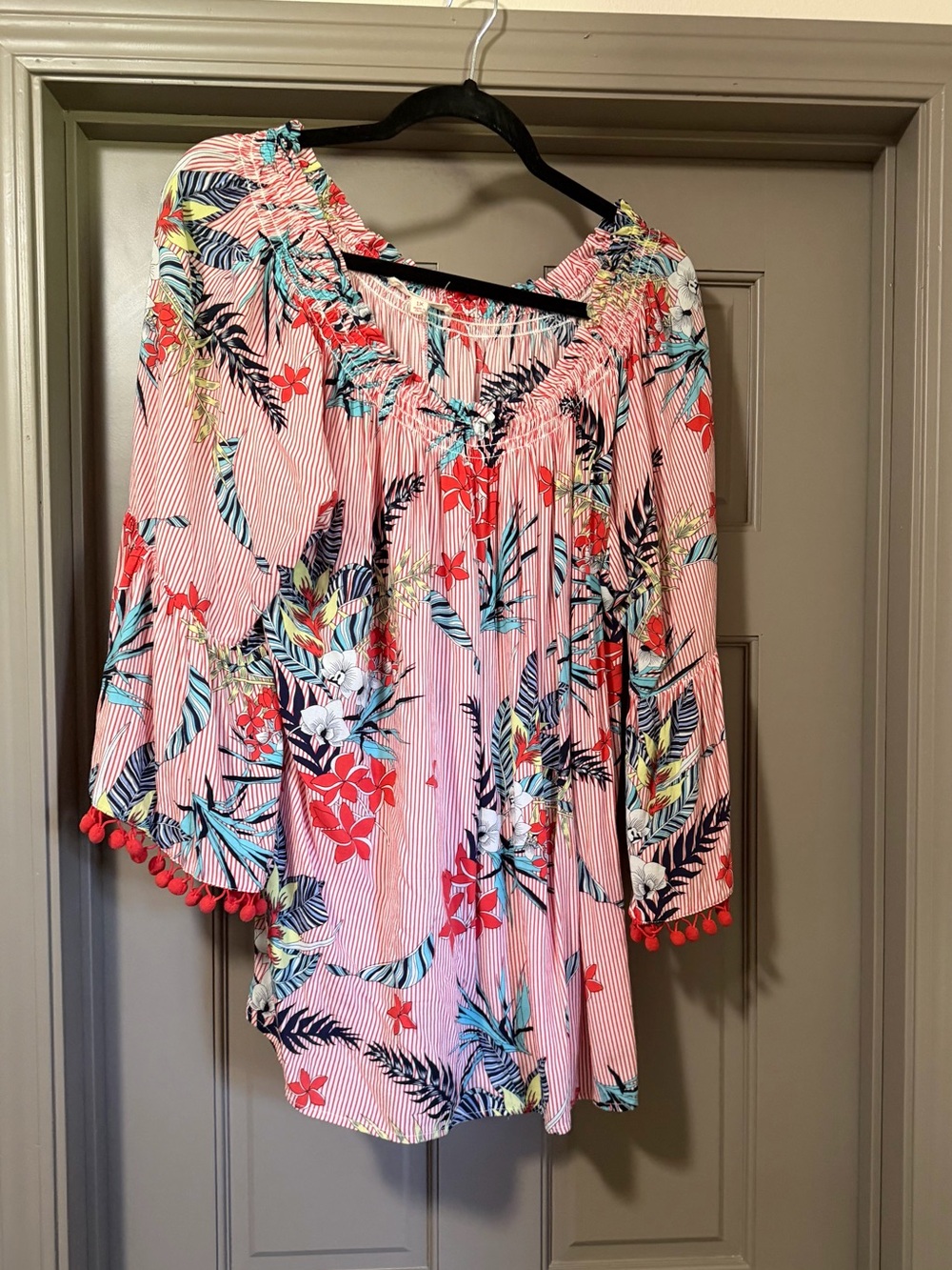 Women’s Coral Tropical Top with cute Pom Pom sleeves 1X
